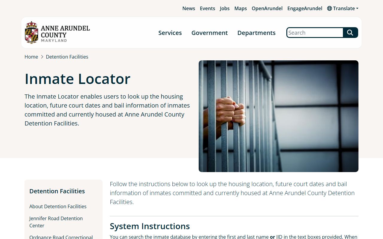Anne Arundel County 24 hour booking inmate locator search page