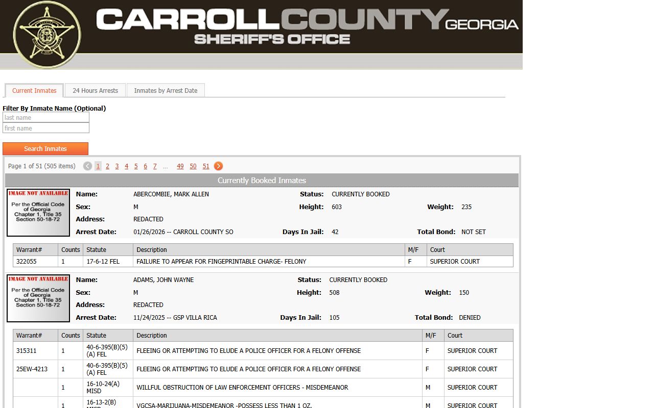 Carroll County 24 hour booking inmate roster on InteropWeb