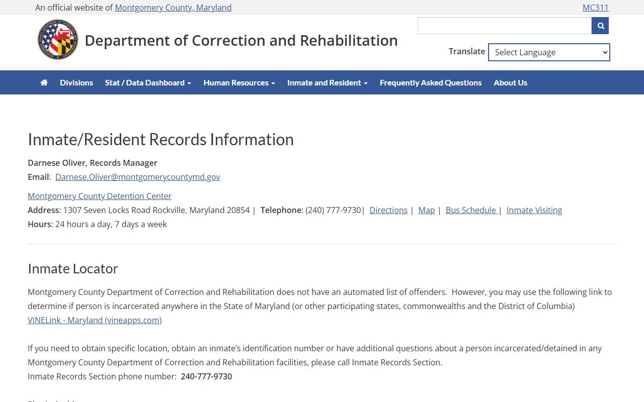 Montgomery County DOCR inmate records page for 24 hour booking search