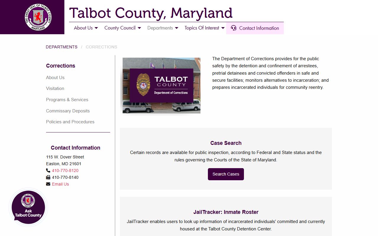 Talbot County 24 hour booking resource from the Sheriff's Office website